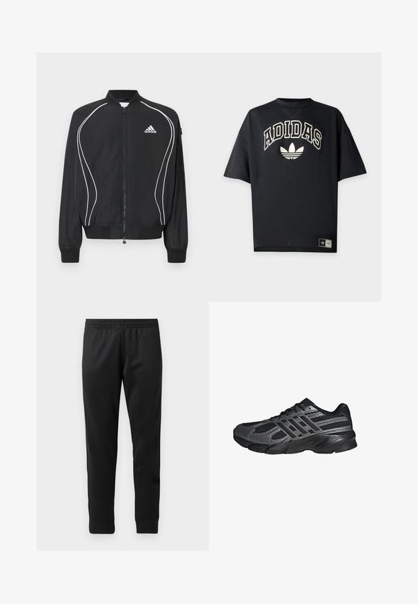 Sort Adidas lynlåsjakke med hvide buede striber, ribbet krave og manchetter samt Adidas-logo på venstre bryst.; Sort Adidas sportst-shirt med korte ærmer i perforeret stof, hvid Adidas tekst og trefoil-logo foran samt mærke i nærheden af kanten.; Sorte træningsbukser lavet af glat stof, med elastisk talje, tætsiddende ben og ribbede manchetter ved anklerne.; Sorte træningssko lavet af mesh og syntetiske materialer, med en tekstureret overflade, flere grå striber og en polstret krave.