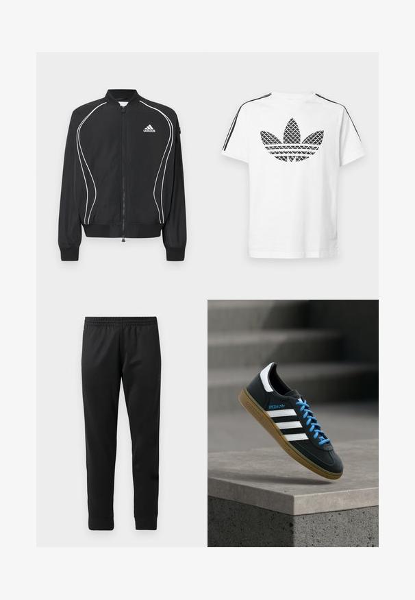 Sort Adidas lynlåsjakke med hvide buede striber, ribbet krave og manchetter samt Adidas-logo på venstre bryst.; Hvid bomuld t-shirt med sort grafisk trefoil-logo på fronten og sorte striber langs skuldrene som accent.; Sorte træningsbukser lavet af glat stof, med elastisk talje, tætsiddende ben og ribbede manchetter ved anklerne.; Sort Adidas sneaker med hvide striber, blå snørebånd og gummisål, der svæver over gråt betontrin i blødt lys.