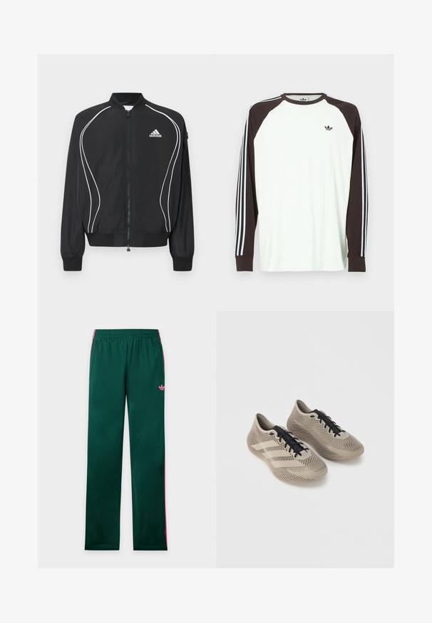 Μαύρο φούτερ Adidas με φερμουάρ, λευκές καμπυλωτές ρίγες, ριμπ στο κολάρο και τις μανσέτες, και λογότυπο Adidas στο αριστερό στήθος.; Λευκό πουκάμισο με μακριά μανίκια και καφέ μανίκια raglan. Διαθέτει μπλε και λευκές ρίγες στα μανίκια και ένα μικρό λογότυπο στο στήθος.; Πράσινο παντελόνι φόρμας με ροζ πλαϊνές ρίγες, ελαστική μέση, τσέπες και μικρό ροζ λογότυπο Adidas στο αριστερό μηρό.; Ζευγάρι μπεζ αθλητικά παπούτσια με μαύρα κορδόνια, διαθέτοντας υφή με ριγέ μοτίβο και τρεις πλαϊνές γραμμές σε απλό φόντο.