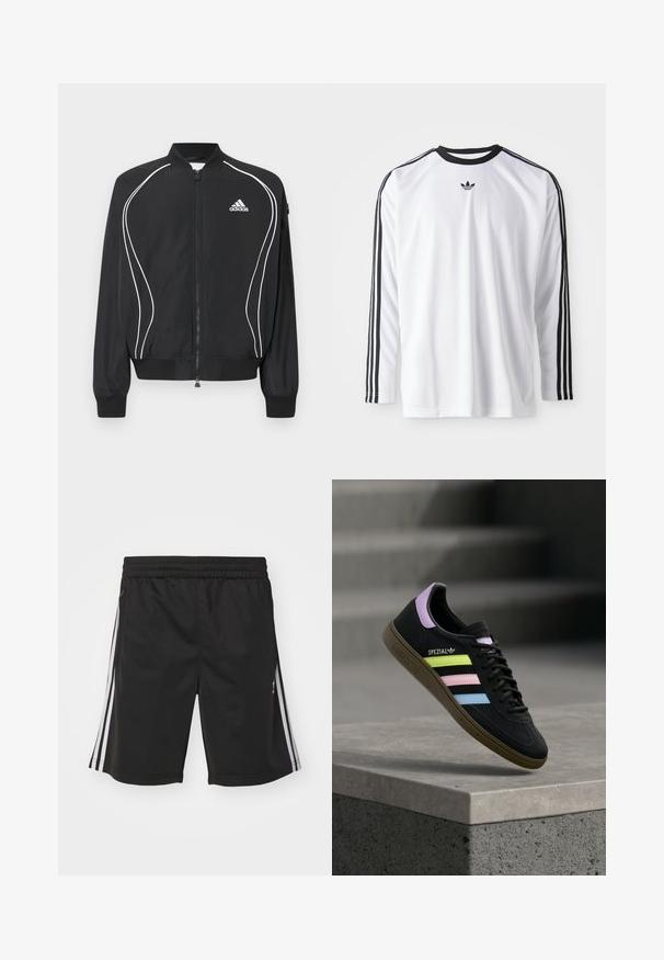 Sort Adidas lynlåsjakke med hvide buede striber, ribbet krave og manchetter samt Adidas-logo på venstre bryst.; Hvid langærmet skjorte lavet af blødt stof med sorte detaljer, prydet med tre sorte striber langs ærmerne og et lille sort logo.; Sorte sportsshorts med elastisk talje, med hvide sidestriber og en glat stofstruktur. Ingen yderligere dekorationer.; Sort Adidas Spezial sneaker med pastelgule, pink og blå striber, lavendel hælstrop og brun sål, svævende over betonforkant.