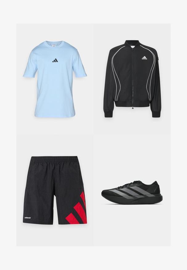 Čierna Adidas bunda na zips s bielym zakriveným lemovaním, rebrovaným golierom a manžetami a logom Adidas na ľavej strane hrudníka.; Svetlomodré bavlnené tričko s krátkymi rukávmi a okrúhlym výstrihom. Na hrudi sa nachádza malé čierne logo Adidas. Mäkka textúra.; Čierne športové šortky s červenými diagonálnymi pruhmi na ľavej strane, elastický pás, vyrobené z ľahkej, textúrovanej látky. Zobrazené logo Adidas.; Čierne športové topánky s ľahkým dizajnom, obsahujúce tri výrazné šedé pruhy, hladkú textúru a kontúrovanú podrážku.