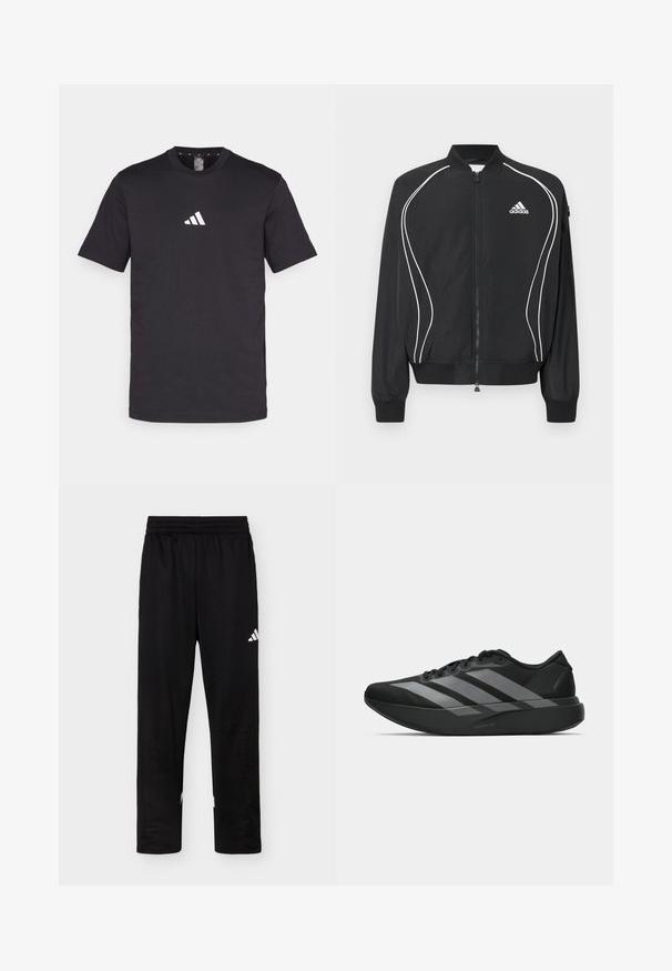 Čierna Adidas bunda na zips s bielym zakriveným lemovaním, rebrovaným golierom a manžetami a logom Adidas na ľavej strane hrudníka.; Čierne bavlnené tričko s krátkymi rukávmi, s bielym logom Adidas na hrudi. Klasický dizajn s okrúhlym výstrihom.; Čierne športové nohavice s elastickým pásom a bielym logom Adidas na pravom stehne na jednoduchom pozadí.; Čierne športové topánky s ľahkým dizajnom, obsahujúce tri výrazné šedé pruhy, hladkú textúru a kontúrovanú podrážku.