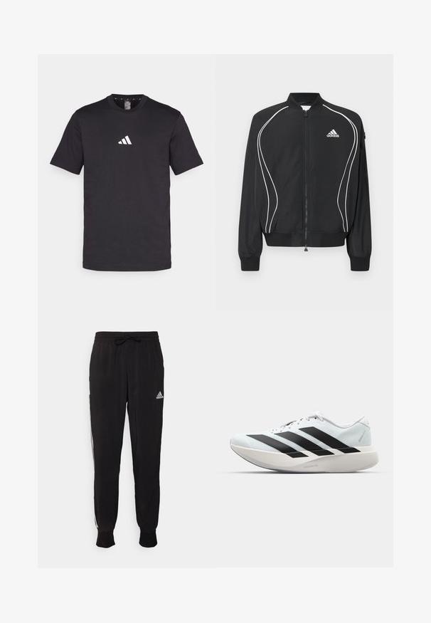 Zwarte Adidas-jas met ritssluiting, witte gebogen bies, geribbelde kraag en manchetten, en het Adidas-logo op de linkerborst.; Zwarte katoenen T-shirt met korte mouwen, voorzien van een wit Adidas-logo op de borst. Klassiek ontwerp met ronde hals.; Zwarte sportbroeken van zachte stof, met een tailleband met trekkoord en witte zijkanten. Elastische boorden bij de enkels.; Witte hardloopschoen met drie grote zwarte strepen aan de zijkant en een dikke, gebogen zool met het label Lightstrike Pro.