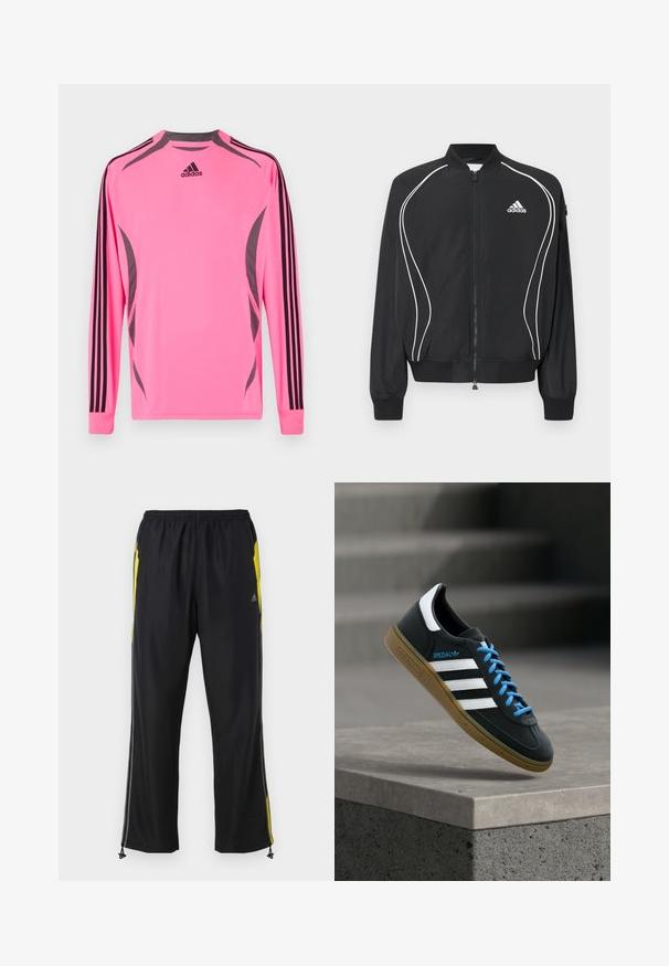 Μαύρο φούτερ Adidas με φερμουάρ, λευκές καμπυλωτές ρίγες, ριμπ στο κολάρο και τις μανσέτες, και λογότυπο Adidas στο αριστερό στήθος.; Αθλητική φανέλα με μακριά μανίκια σε έντονο ροζ ύφασμα με γκρι λεπτομέρειες, που διαθέτει μαύρες τρεις ρίγες κατά μήκος των μανικιών και του ώμου.; Μαύρο αθλητικό παντελόνι με κίτρινες πλευρικές λεπτομέρειες, ελαστική μέση και τσέπες με φερμουάρ στο πλάι. Κατασκευασμένο από ελαφρύ, μαλακό ύφασμα.; Μαύρο αθλητικό παπούτσι Adidas με λευκές ρίγες, μπλε κορδόνια και καουτσούκ σόλα να αιωρείται πάνω από γκρίζο τσιμεντένιο σκαλοπάτι σε απαλό φως.