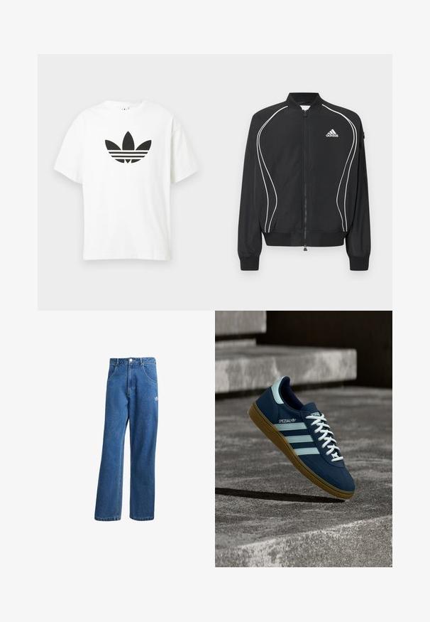 Μαύρο φούτερ Adidas με φερμουάρ, λευκές καμπυλωτές ρίγες, ριμπ στο κολάρο και τις μανσέτες, και λογότυπο Adidas στο αριστερό στήθος.; Λευκό βαμβακερό μπλουζάκι με μεγάλο μαύρο λογότυπο trefoil της Adidas και τρεις οριζόντιες γνωστές ρίγες από κάτω. Κοντά μανίκια, στρογγυλή λαιμόκοψη.; Μπλε τζιν παντελόνι με ψηλή μέση, φαρδιά μπατζάκια, μπροστινές τσέπες, θηλιές ζώνης, κλείσιμο με κουμπί και μικρό λογότυπο Adidas στο δεξί μηρό.; Μπλε sneaker Adidas Spezial με λευκές ρίγες και κορδόνια, λαστιχένια σόλα, αιωρείται πάνω από τραχιά επιφάνεια σκυροδέματος και σκαλοπάτια στο φόντο.