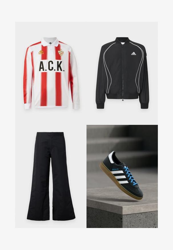Sort Adidas lynlåsjakke med hvide buede striber, ribbet krave og manchetter samt Adidas-logo på venstre bryst.; Langærmet polo shirt, hvid med røde lodrette striber, med sort "A.C.K." skrift og guld "Kappa" logo på venstre bryst.; Sorte bredbenede bukser lavet af glat stof, med frontfolder og en talje. Rent design uden synlige mønstre eller dekorationer.; Sort Adidas sneaker med hvide striber, blå snørebånd og gummisål, der svæver over gråt betontrin i blødt lys.