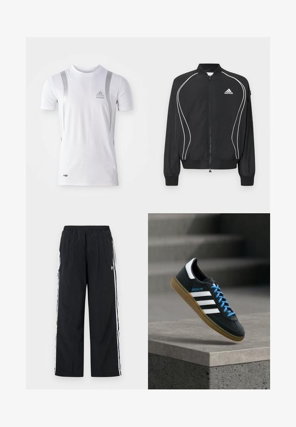 Sort Adidas lynlåsjakke med hvide buede striber, ribbet krave og manchetter samt Adidas-logo på venstre bryst.; Hvid kortærmet træningsskjorte med sølvdetaljer, med rund hals og et Adidas-logo på brystet. Lavet af fugttransporterende materiale.; Sorte bukser med vide ben og hvide striber på siden, elastisk talje, forreste læg og Adidas-logo på højre lår.; Sort Adidas sneaker med hvide striber, blå snørebånd og gummisål, der svæver over gråt betontrin i blødt lys.