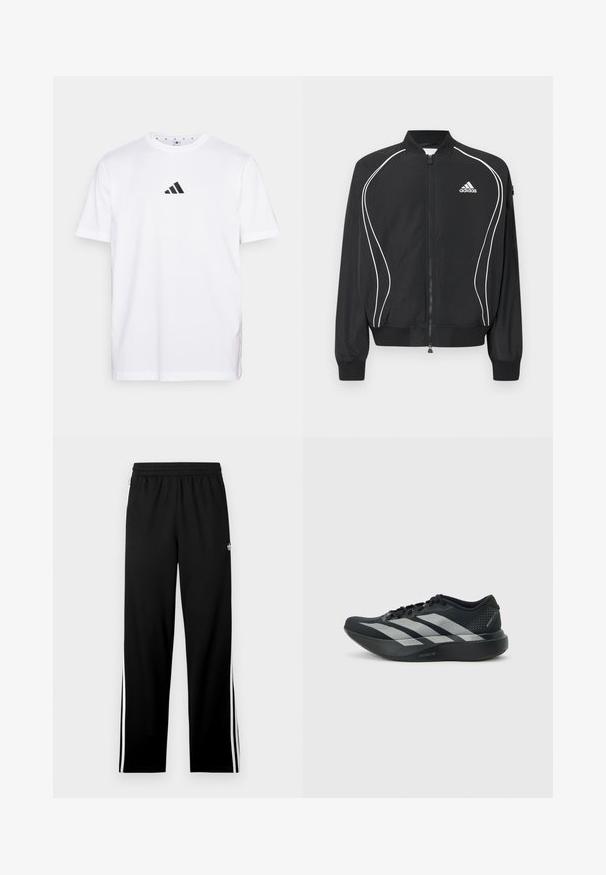 Sort Adidas lynlåsjakke med hvide buede striber, ribbet krave og manchetter samt Adidas-logo på venstre bryst.; Hvid bomulds T-shirt med et lille sort trekantet logo på brystet, korte ærmer og rund halsudskæring. Enkel og klassisk design.; Sorte atletikbukser lavet af mesh-stof med en lige skåret pasform, elastisk taljebånd og hvide striber i siden. Sportsslogo vist.; Sort løbesko med tyk sål og tre sølvstriber på siden, designet til letvægtsydelse og hastighed.