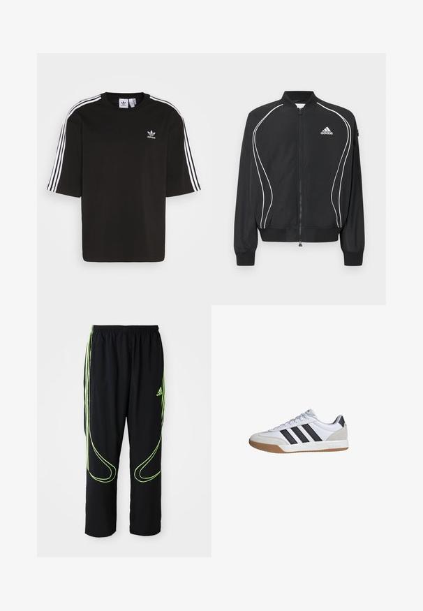 Veste zippée Adidas noire avec des passepoils blancs incurvés, col et poignets côtelés, et logo Adidas sur le côté gauche de la poitrine.; T-shirt noir à manches courtes en coton, avec des accents de trois rayures blanches sur les épaules et un logo Adidas brodé sur la poitrine.; Pantalons de sport noirs Adidas avec des lignes courbes vert fluo et trois bandes sur les côtés, ceinture élastique et logo Adidas sur la cuisse avant.; Chaussure de sport blanche avec des accents en daim gris, trois bandes noires et une semelle en caoutchouc naturel. Caractérisée par un design à lacets et un col rembourré.