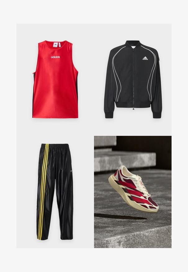 Čierna Adidas bunda na zips s bielym zakriveným lemovaním, rebrovaným golierom a manžetami a logom Adidas na ľavej strane hrudníka.; Červený bezrukávový športový tielko, vyrobené z hladkej látky. Má čierne bočné panely a biele logo "adidas" na prednej strane.; Čierne športové nohavice vyrobené z lesklého materiálu s elastickým pásom, s dvoma žltými pruhmi po stranách a malým logom.; Bielo-červená športová teniska s hrubou podrážkou vznášajúca sa nad textúrovanými sivými betónovými schodmi.