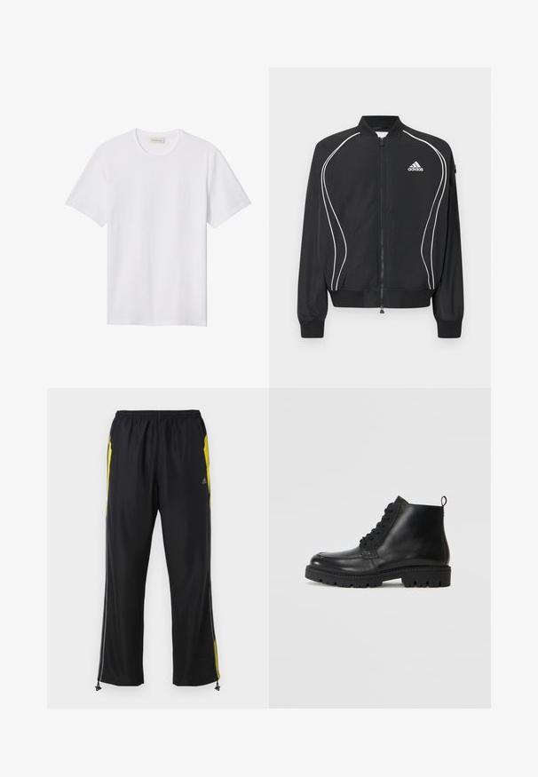 Zwarte Adidas-jas met ritssluiting, witte gebogen bies, geribbelde kraag en manchetten, en het Adidas-logo op de linkerborst.; Effen wit T-shirt met korte mouwen en ronde hals, met een klein reliëflogo op de linkerborst en een merklabel binnenin de kraag.; Zwarte sportbroek met gele zijkanten, elastische tailleband en met rits te sluiten zijzakken. Gemaakt van lichtgewicht, gladde stof.; Zwarte leren enkellaarzen met een ronde neus, vetersluiting aan de voorkant en een gestructureerde rubberen zool. Voorzien van een trekband op de hak voor eenvoudig aan- en uittrekken.
