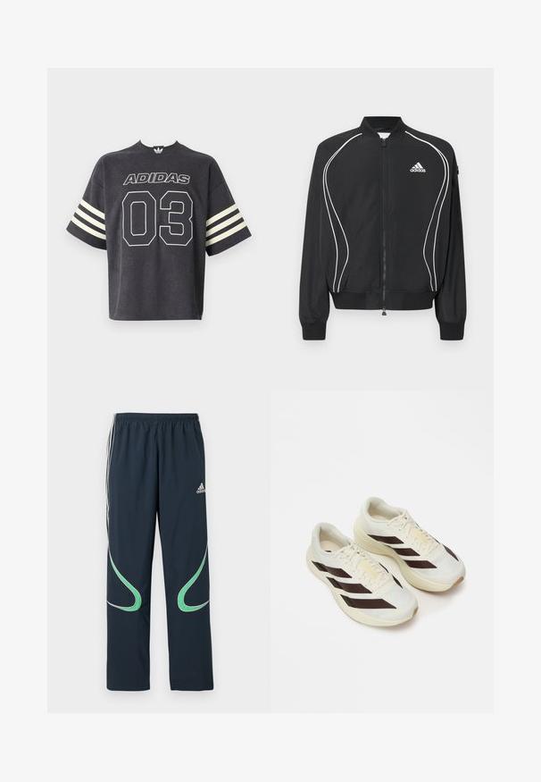 Μαύρο φούτερ Adidas με φερμουάρ, λευκές καμπυλωτές ρίγες, ριμπ στο κολάρο και τις μανσέτες, και λογότυπο Adidas στο αριστερό στήθος.; Σκούρο γκρι ριμπ κοντομάνικο T-shirt με λευκό λογότυπο "ADIDAS" και μεγάλο αριθμό "03" στο μπροστινό μέρος, με κρεμ οριζόντιες ρίγες στα μανίκια.; Σκούρα μπλε παντελόνια αθλητικά από ελαφρύ ύφασμα, με λευκές ρίγες στα πλάγια και πράσινες καμπυλωτές λεπτομέρειες. Ελαστική μέση για άνεση.; Ανοιχτόχρωμα αθλητικά παπούτσια με σκούρες καφέ διαγωνίους ρίγες, υφασμάτινο επάνω μέρος με υφή και μαλακή σόλα. Διαθέτει κίτρινη σήμανση "ADIZERO".
