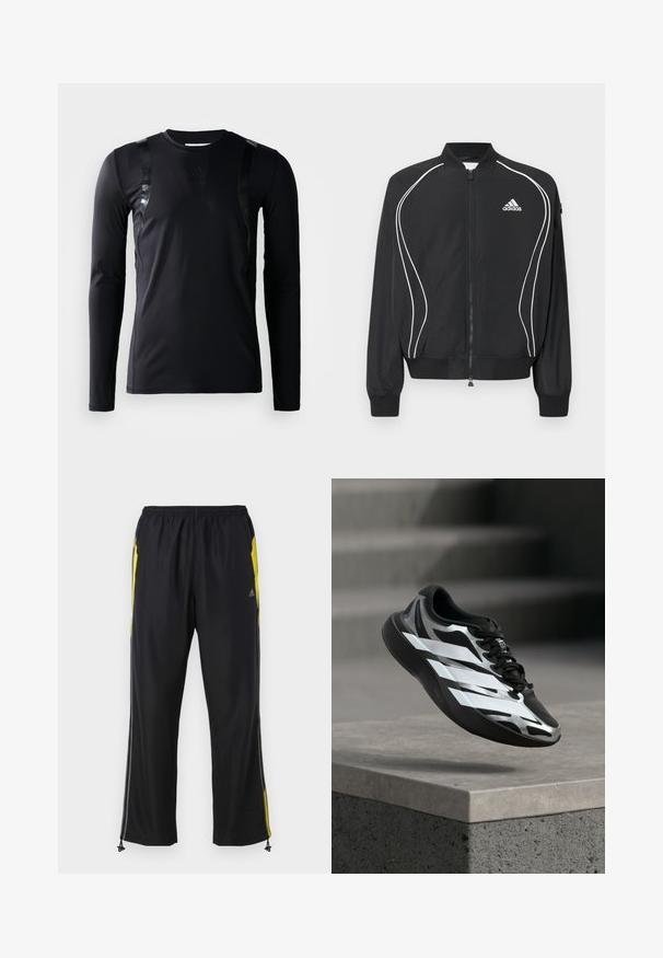 Μαύρο φούτερ Adidas με φερμουάρ, λευκές καμπυλωτές ρίγες, ριμπ στο κολάρο και τις μανσέτες, και λογότυπο Adidas στο αριστερό στήθος.; Μαύρο αθλητικό μπλουζάκι με μακριά μανίκια, φτιαγμένο από λεία, ελαστική ύφανση. Διαθέτει γυαλιστερά μαύρα στοιχεία στους ώμους και λογότυπο Adidas στο στήθος.; Μαύρο αθλητικό παντελόνι με κίτρινες πλευρικές λεπτομέρειες, ελαστική μέση και τσέπες με φερμουάρ στο πλάι. Κατασκευασμένο από ελαφρύ, μαλακό ύφασμα.; Μαύρο και ασημί αθλητικό παπούτσι με λευκές ρίγες στον αέρα πάνω από ένα τσιμεντένιο τελείωμα, τα σκαλοπάτια της σκάλας είναι θολά στο φόντο.
