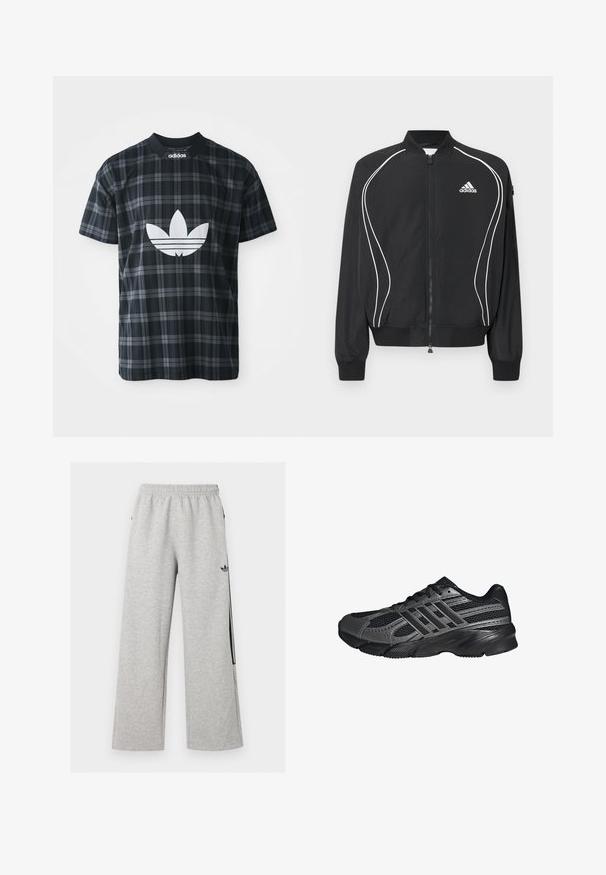 Čierna Adidas bunda na zips s bielym zakriveným lemovaním, rebrovaným golierom a manžetami a logom Adidas na ľavej strane hrudníka.; Čierne a sivé kárované tričko s rebrovaným okrúhlym výstrihom; na prednej strane sa nachádza veľké biele logo Adidas; krátke rukávy, bežný strih.; Svetlošedé široké tepláky s elastickým pásom a čiernym logom Adidas trefoil na pravom stehne.; Čierne športové topánky vyrobené z pletiva a syntetických materiálov, s textúrovaným povrchom, viacerými šedými pruhmi a polstrovaným golierom.