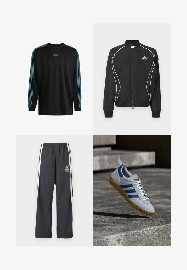 Čierna Adidas bunda na zips s bielym zakriveným lemovaním, rebrovaným golierom a manžetami a logom Adidas na ľavej strane hrudníka.; Čierna dlhá košeľa s rebrovaným golierom, s tromi tyrkysovými pruhmi na každom rukáve a logom Adidas na hrudi.; Tmavosivé teplákové nohavice s bielymi bočnými pruhmi, elastickým pásom a kruhovým logom s tromi hviezdami na ľavom stehne. Ľahká látka.; Svetlomodrá teniska Adidas Spezial s námorníckymi modrými pruhmi a gumovou podrážkou, zobrazená vo vzduchu nad betónovými schodmi v neutrálnej vonkajšej scéne.