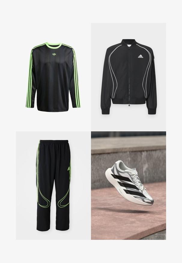 Μαύρο φούτερ Adidas με φερμουάρ, λευκές καμπυλωτές ρίγες, ριμπ στο κολάρο και τις μανσέτες, και λογότυπο Adidas στο αριστερό στήθος.; adidas Originals JACQ - Μπλούζα με μακριά μανίκια - black signal green; Μαύρα αθλητικά παντελόνια Adidas με νεον πράσινες καμπύλες γραμμές και τρεις ρίγες στα πλάγια, ελαστική μέση και λογότυπο Adidas στο μπροστινό μπούστο.; Λευκό και γκρι παπούτσι τρεξίματος με μαύρες ρίγες, αιωρείται πάνω από μια ροζ-γκρι επιφάνεια από σκυρόδεμα κοντά σε ένα γκρι πέτρινο τοίχο.