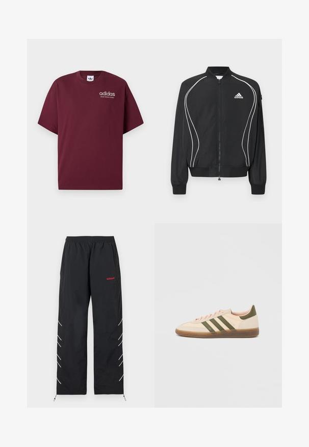 Čierna Adidas bunda na zips s bielym zakriveným lemovaním, rebrovaným golierom a manžetami a logom Adidas na ľavej strane hrudníka.; Bordový krátky rukáv tričko vyrobené z bavlny. Obsahuje okrúhly výstrih a malé biele logo "adidas" s nápisom "SPORT DESIGN STUDIO" pod ním.; Čierne teplákové nohavice Adidas s elastickým pásom, červeným logom na pravom stehne, bielymi šikmými pruhmi po stranách nôh a nastaviteľnými manžetami na členkoch.; Nízky béžový tenisky Adidas Spezial so zelenými pruhmi, gumovou podrážkou a nápisom „SPEZIAL“ na boku, zobrazené z vonkajšej strany.