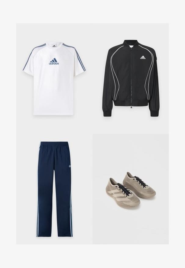 Μαύρο φούτερ Adidas με φερμουάρ, λευκές καμπυλωτές ρίγες, ριμπ στο κολάρο και τις μανσέτες, και λογότυπο Adidas στο αριστερό στήθος.; Λευκό μπλουζάκι Adidas με μπλε λεπτομέρειες, κοντά μανίκια και στρογγυλή λαιμόκοψη. Φέρει το λογότυπο Adidas σε μπλε χρώμα στο μπροστινό μέρος και τρεις ρίγες στους ώμους.; Μπλε ναυτικό παντελόνι φόρμας Adidas με ανοιχτό μπλε τρεις ρίγες στα πλάγια και ελαστική μέση, παρουσιασμένο επίπεδα σε λευκό φόντο.; Ζευγάρι μπεζ αθλητικά παπούτσια με μαύρα κορδόνια, διαθέτοντας υφή με ριγέ μοτίβο και τρεις πλαϊνές γραμμές σε απλό φόντο.