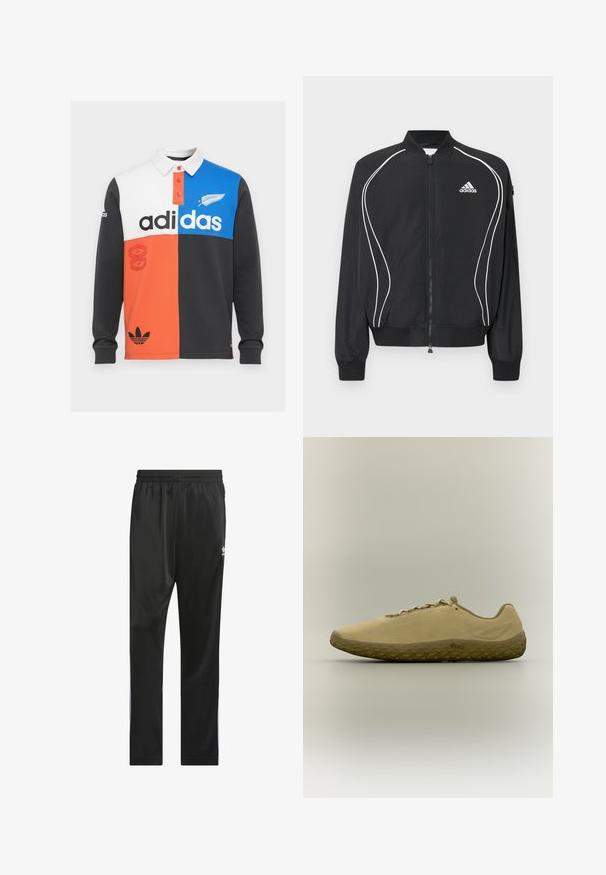 Chaqueta negra con cremallera de Adidas, con ribetes curvos blancos, cuello y puños acanalados, y logo de Adidas en el pecho izquierdo.; Polo de manga larga con bloques de color en negro, blanco, naranja y azul, con cuello, tapa de botones y una destacada marca de Adidas.; Pantalones deportivos negros hechos de un material suave y ligero. Cuentan con una cinturilla elástica y rayas laterales blancas con un logo en el muslo.; Zapato deportivo minimalista beige con suela texturizada marrón, diseño con cordones y marcas "Merrell" y "Vibram" en el lateral.