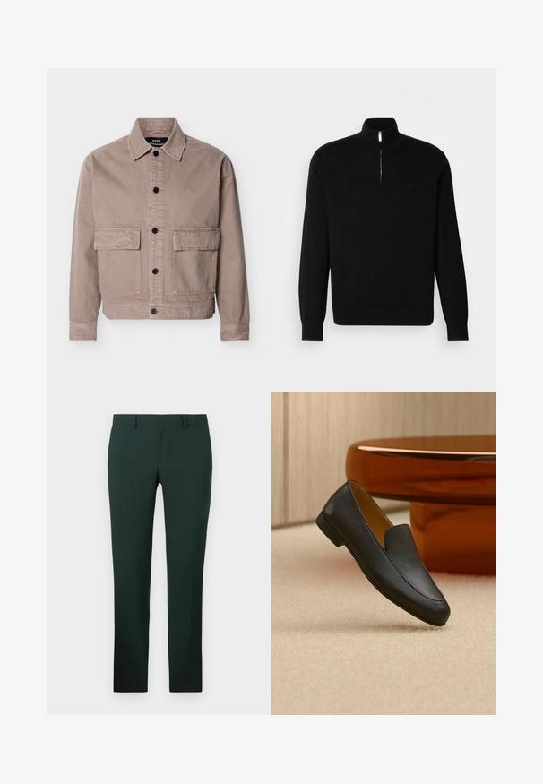 Beige casual jakke med lynlåslukning foran, to store frontlommer med klap, lange ærmer og en spids krave, mærket Mads Nørgaard.; Sort zip-neck sweater lavet af et fint strikstof. Har lange ærmer, en høj krave og et lille logo på brystet.; Mørkegrønne bukser med en lige ben-design, lavet af et glat stof. Har en flad front og standard talje med bæltesløjfer.; Sort læder loafer sko, der hviler på beige tæppe med et blankt brunt rundt bord i baggrunden.