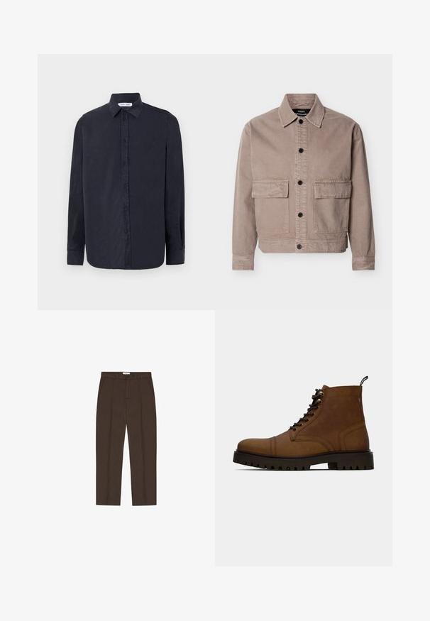 Beige Freizeitjacke mit vorderer Knopfleiste, zwei großen vorderen Klappentaschen, langen Ärmeln und spitzem Kragen, mit dem Etikett Mads Nørgaard.; Samsøe Samsøe RYAN SHIRT - Hemd - salute; Braune, maßgeschneiderte Hose mit geradem Bein, Gürtelschlaufen, Vorderentaschen, Knopf- und Reißverschluss vorne.; Braune Leder Schnürstiefelette mit dickem schwarzem Profilsohle und Zugschlaufe auf weißem Hintergrund.
