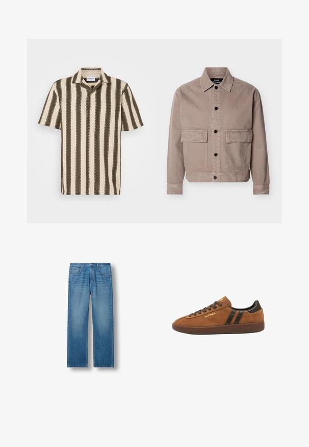 Beige casual jakke med lynlåslukning foran, to store frontlommer med klap, lange ærmer og en spids krave, mærket Mads Nørgaard.; Kortærmet skjorte med krave, der kan knappes ned, og som har skiftevis creme og olivengrønne striber samt et struktureret mønster gennem hele skjorten.; Blå denimjeans med lige snit. Funktioner inkluderer fem lommer, bæltestropper og en slidset finish, der fremhæver de lysere blå nuancer.; Brune ruskind sneakers med mørkebrune accenter, snørebånddesign og guldbranding. Har en flad gummisål og en strømlinet form.