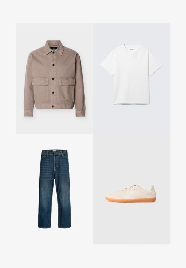 Beige Freizeitjacke mit vorderer Knopfleiste, zwei großen vorderen Klappentaschen, langen Ärmeln und spitzem Kragen, mit dem Etikett Mads Nørgaard.; Weißes T-Shirt mit kurzen Ärmeln und Rundhalsausschnitt, flach liegend, schlichtes Design, mit „WEEKDAY“-Etikett innen im Kragen auf hellem Hintergrund.; Jeans aus Denim in einer dunkelblauen Waschung mit geradem Bein. Zu den Merkmalen gehören ein Knopfverschluss, Gürtelschlaufen und gestickte Akzente.; Helle beige Sportschuhe mit Obermaterial aus Wildleder, weißen Akzenten und einer orangen Gummisohle. Sie verfügen über ein Schnürdesign und ein Logo an der Seite.