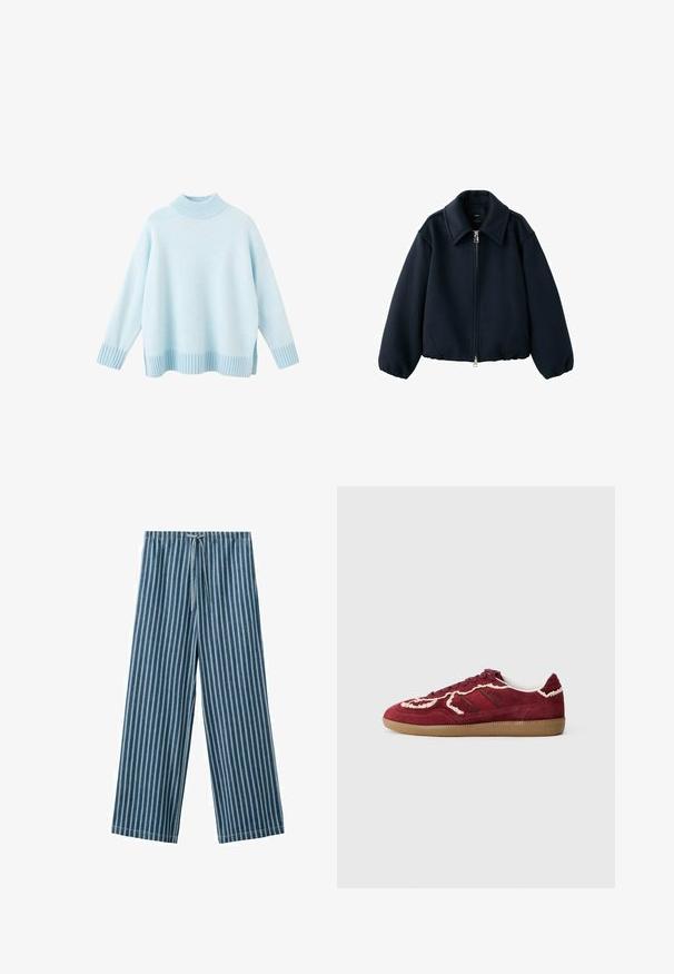 Veste en laine noire à fermeture éclair, col large et poignets élastiques, présentée sur un fond blanc.; Pull surdimensionné bleu clair en maille douce, doté d'un col montant et de poignets côtelés, avec des fentes sur les côtés à l'ourlet.; Pantalon bleu avec rayures blanches verticales, taille élastique, cordon de serrage à l'avant, style jambe large.; Sneaker en daim rouge avec des coutures et des accents crème, semelle en caoutchouc, détails texturés et design profil bas.