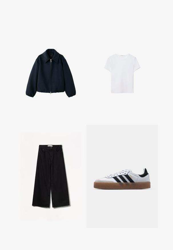 Veste en laine noire à fermeture éclair, col large et poignets élastiques, présentée sur un fond blanc.; T-shirt blanc à manches courtes en tissu doux. Dispose d'un col rond et d'un design simple et épuré avec un ourlet droit.; Jean large noir en denim. Doté d'une taille haute, de poches avant et arrière, et d'un matériel argenté sur le bouton et la fermeture éclair.; Baskets en cuir blanc avec des rayures noires, semelle extérieure en caoutchouc beige, bout rond, fermeture lacée et embout en suède gris doux.