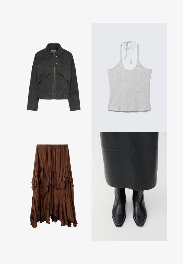 Veste en daim gris foncé avec grands rabats frontaux, fermeture éclair, patte de col à bouton pression, manches longues et taille élastiquée.; Haut sans manches gris clair à col halter avec un nœud au niveau du cou, posé à plat sur un fond blanc.; Jupe marron froissée avec un ourlet asymétrique et des détails de tissu superposés et drapés créant un effet texturé et fluide.; Bottes montantes en cuir noir avec un design à bout carré et une fermeture éclair sur le côté. Texture lisse et matériel minimal ; associées à une jupe en cuir noir.