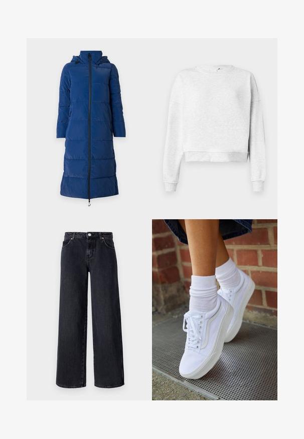 Dunkelblaues Puffer-Mantel mit Kapuze, langes Design, horizontale Steppoptik, Frontreißverschluss und seitliche Taschen mit Reißverschlüssen.; Grauer Baumwoll-Sweatshirt mit Rundhalsausschnitt, überschnittenen Schultern und gerippten Bündchen. Mit einem verkürzten Saum und weichem, strukturiertem Material.; Vero Moda Petite VMREMY MR WIDE - Wide Leg - black denim; Weiße Leinensneaker mit Gummisohlen, ausgestattet mit sechs Ösen, runder Zehenpartie und dezenten Nähten, kombiniert mit weißen Knöchelsocken.