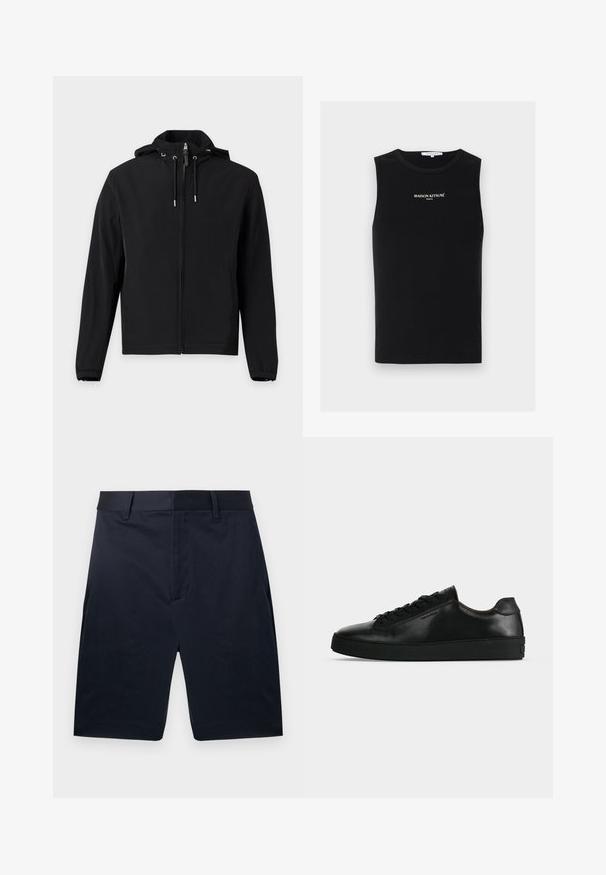 Veste noire zippée avec capuche, cordons réglables, manches longues et poches latérales, présentée sur un fond clair uni.; Débardeur noir côtelé sans manches avec logo blanc "MAISON KITSUNÉ PARIS" centré sur la poitrine, col rond.; Shorts bleu marine sur mesure, longueur genou, avec passants de ceinture et fermeture à glissière avant cachée, présentés à plat sur un fond blanc.; Basket basse en cuir noir avec lacets noirs et semelle épaisse noire, vue de profil sur fond gris clair.