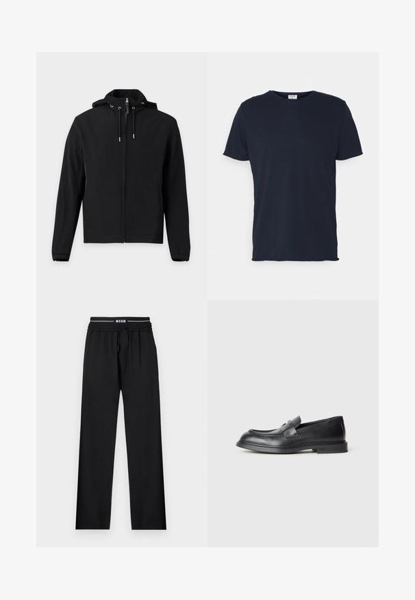 Veste noire zippée avec capuche, cordons réglables, manches longues et poches latérales, présentée sur un fond clair uni.; T-shirt en coton bleu marine avec un col rond et des manches courtes, présentant une texture lisse et un design simple, sans motifs ni accents visibles.; Pantalons noirs à coupe décontractée, taille élastique, cordon de serrage ajustable et poches latérales. Fabriqués en tissu lisse sans motifs.; Mocassins en cuir noir avec une finition texturée, dotés d'une bride décorative à l'avant et d'un bout arrondi. Semelle en caoutchouc pour plus de durabilité.