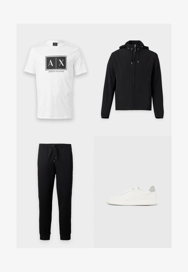 Veste noire zippée avec capuche, cordons réglables, manches longues et poches latérales, présentée sur un fond clair uni.; T-shirt blanc à manches courtes avec un logo rectangulaire noir Armani Exchange comportant le texte "A | X" centré sur la poitrine.; Pantalons de jogging noirs en tissu doux avec une taille élastique et un cordon de serrage. Présente des jambes fuselées avec des poignets côtelés.; Baskets basses blanches avec un onglet de talon gris, des lacets blancs et une semelle texturée, présentées sur un fond uni clair.