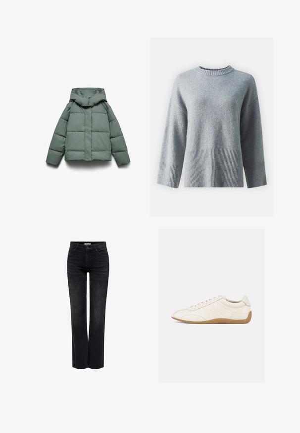 Grøn dunjakke med en bred hætte, kendetegnet ved en boxy form, quiltet tekstur og en lynlåslukning foran. Ingen synligt metal eller mønstre.; Grå sweater med rund hals, der har en tekstureret ribbede kant og manchetter, lavet af blødt stof med en glat overflade.; ONLY BLUSH MID STRAIGHT NOOS - Jeans Straight Leg - washed black; Hvid lædersneaker med en glat tekstur, rund tå og tonale syninger. Har en tanfarvet gummisål og snørebånds-lukning.