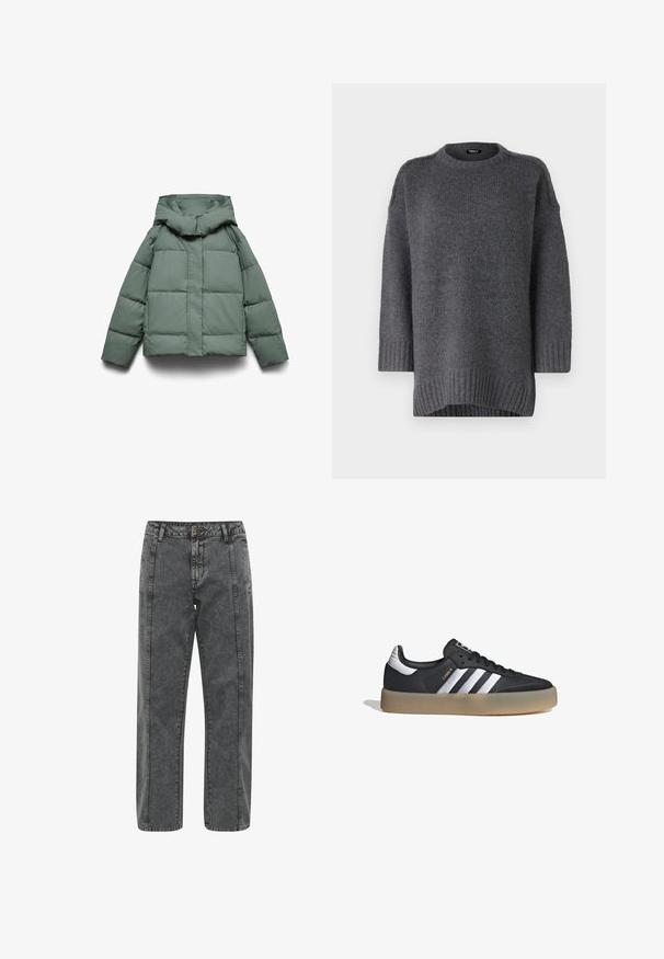 Chaqueta acolchada verde con capucha ancha, de forma cuadrada, textura acolchada y cierre frontal de cremallera. Sin herrajes visibles ni estampados.; Suéter gris de punto con cuello redondo, puños y bajo acanalados. Presenta un corte relajado y una textura suave. Mangas de longitud media.; Pantalones de mezclilla gris con corte recto, que presentan costuras en contraste y una clásica cremallera. Estilo de cinco bolsillos con un ligero desvanecido.; Zapatilla deportiva de cuero negro con tres rayas plateadas, punta texturizada y suela de goma. Cuenta con un collar acolchado y un diseño con cordones.