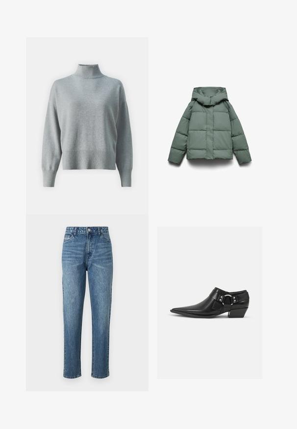 Doudoune verte avec une large capuche, présentant une coupe carrée, une texture matelassée, et une fermeture éclair frontale. Aucun élément métallique ni motif visible.; Sweater en tricot gris clair avec un col côtelé haut, une coupe décontractée, des manches allongées et un ourlet côtelé. Texture douce et design minimaliste.; Jean en denim bleu avec une coupe droite, cinq poches et une fermeture à bouton sur le devant. Teinte claire avec un léger délavage et une surface texturée.; Bottines en cuir noir avec un bout pointu, présentant une sangle en cuir à l'avant et un détail de boucle en argent, ainsi qu'un petit talon carré.