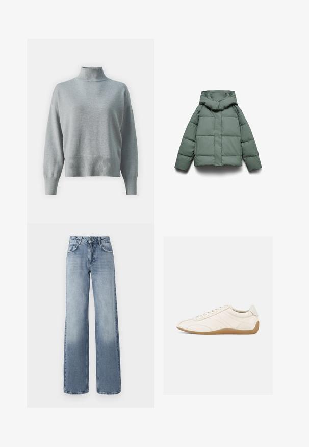 Doudoune verte avec une large capuche, présentant une coupe carrée, une texture matelassée, et une fermeture éclair frontale. Aucun élément métallique ni motif visible.; Sweater en tricot gris clair avec un col côtelé haut, une coupe décontractée, des manches allongées et un ourlet côtelé. Texture douce et design minimaliste.; Jean en denim bleu à jambes larges avec un délavage clair, fermeture éclair, design à cinq poches et un léger décoloration près des chevilles.; Baskets en cuir blanc à texture lisse, bout arrondi et coutures ton sur ton. Elles comportent une semelle en caoutchouc beige et une fermeture à lacets.