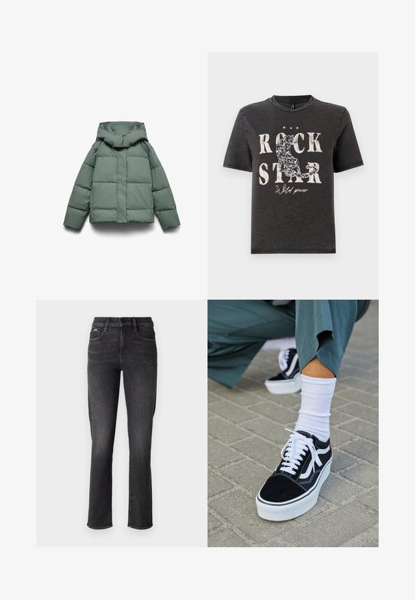 Grüne Steppjacke mit weiter Kapuze, kastiger Form, gesteppter Textur und durchgehendem Frontreißverschluss. Keine sichtbaren Metallteile oder Muster.; Schwarzes Baumwoll-T-Shirt mit auffälligem weißen Text "ROCK STAR" und glitzernder Katzensilhouette. Runder Halsausschnitt und kurze Ärmel.; Schwarze Denim-Jeans mit geradem Schnitt, ausgestattet mit einem Standardbund, fünf Taschen und dezenten Steppnähten.; Schwarze Wildledersneaker mit weißen Akzenten und Schnürsenkeln, ausgestattet mit einer dicken weißen Sohle und kontrastierenden Nähten, kombiniert mit einer weißen Socke.