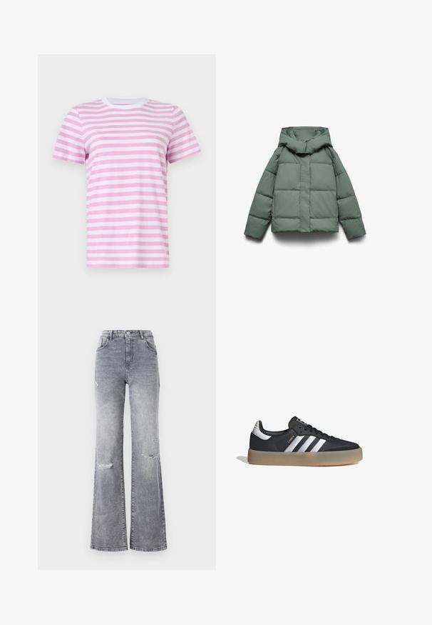 Chaqueta acolchada verde con capucha ancha, de forma cuadrada, textura acolchada y cierre frontal de cremallera. Sin herrajes visibles ni estampados.; Camiseta de algodón con rayas rosas y blancas, cuello redondo y mangas cortas. Textura suave, ajuste regular y patrón de rayas uniforme.; Jeans de mezclilla gris de cintura alta con pierna acampanada, que presentan detalles desgastados en las rodillas, un diseño clásico de cinco bolsillos y costuras en tono.; Zapatilla deportiva de cuero negro con tres rayas plateadas, punta texturizada y suela de goma. Cuenta con un collar acolchado y un diseño con cordones.
