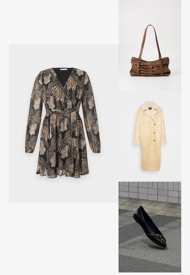 Beige faux shearling jakk, millel on nurgeline krae, suured nööbid, küljetaskud ja tekstureeritud kanga. Pika varrukaga, millel on keeratud ääred.; Pikkade varrukatega ümber köitvad kleidid, mis sisaldavad mustade, pruunide ja kuldsete mustrite segu. Kerge kangas, millel on kergelt kokku tõmmatud vöökoht ja laienev seelik.; Must teravustega balletijalats, millel on kaks väikest hõbedast pandlat, hõljumas asfaldipinna kohal vahetult plaatseina taustal.; Even&Odd Käekott - brown