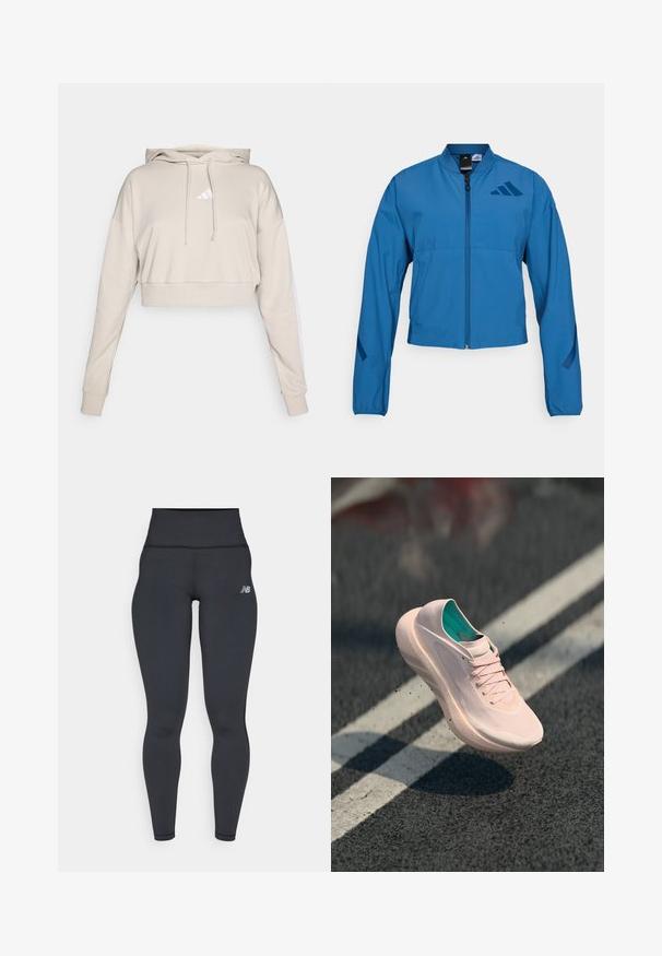 Blauwe korte jas met ritssluiting aan de voorkant, opstaande kraag en elastische manchetten. Heeft twee horizontale zakken en een logo-accent op de borst.; Lichtbeige cropped sweatshirt met een capuchon, voorzien van een wit driehoekig logo en witte zijstrepen. Gemaakt van zacht, textuurstof.; Zwarte high-waisted sportlegging met een getailleerd ontwerp, een soepele textuur en een klein wit logo op de linkse heup.; Lichtroze sportschoen met turquoise binnenkant die zweeft boven een asfaltweg gemarkeerd met witte lijnen.