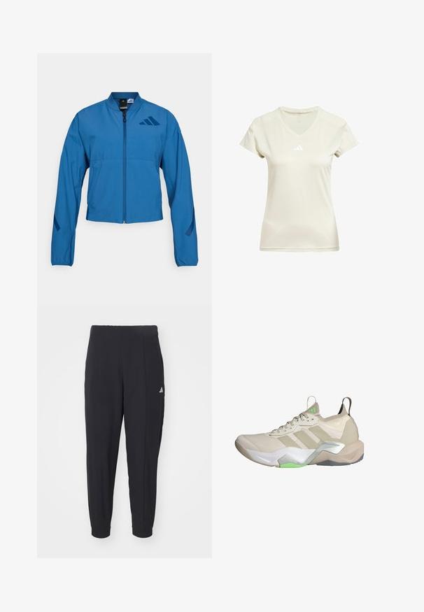Veste courte bleue avec fermeture éclair à l'avant, col montant et poignets élastiqués. Comprend deux poches horizontales et un logo sur la poitrine.; T-shirt de sport à col en V en tissu beige clair, à manches courtes, avec un logo Adidas blanc sur la poitrine et une texture le long de l'encolure.; Pantalons de sport noirs en tissu lisse. Design ajusté avec des poignets élastiques. Présente un petit logo blanc sur la hanche gauche.; Baskets de sport beiges avec tige en mesh, trois rayures blanches, accents verts et semelle texturée. Comprend une languette au talon et un amorti léger.