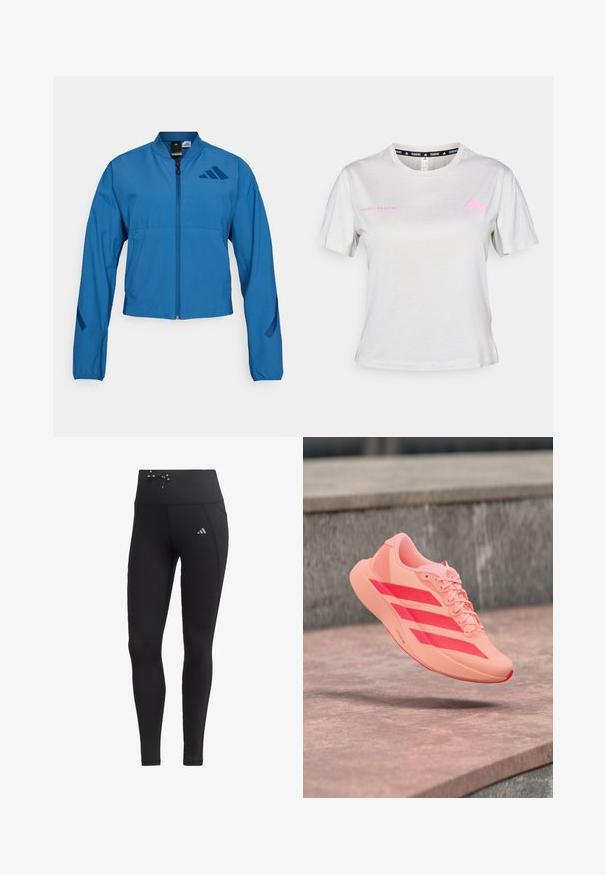 Veste courte bleue avec fermeture éclair à l'avant, col montant et poignets élastiqués. Comprend deux poches horizontales et un logo sur la poitrine.; T-shirt gris clair à manches courtes avec un col rond, "ADIDAS RUNNING" imprimé en rose, avec le logo Adidas rose sur la poitrine. Texture de tissu doux.; Leggings noirs avec taille haute, cordon de serrage et poches latérales. Fabriqués à partir d'un tissu lisse avec un accent de logo réfléchissant.; Chaussure de sport corail clair avec des rayures rouges vives et des lacets flottant au-dessus de marches en pierre dans un cadre extérieur.