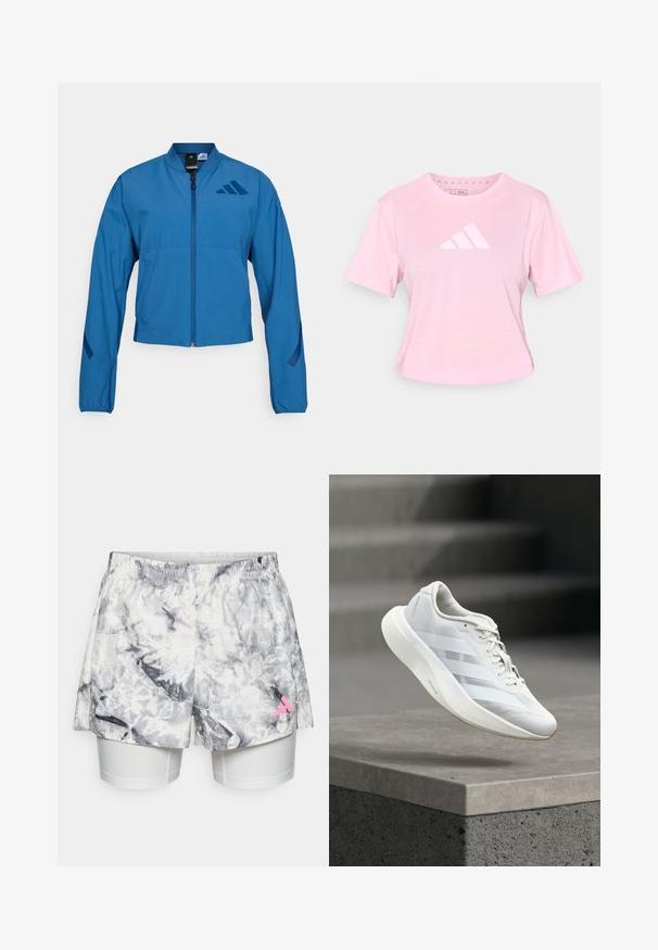 Blå cropped jakke med lynlås foran, stående krave og elastiske manchetter. Har to horisontale lommer og et logo-accent på brystet.; Lyserød bomuld T-shirt med korte ærmer, rund halsudskæring og et hvidt trekantet logo foran. Har et kort design og en blød tekstur.; Shorts med et gråt og hvidt abstrakt mønster, der har en elastisk talje, indvendig foring og en lyserød logoaccent på siden.; Hvid atletiksko med en struktureret overlæder, tre laterale striber, polstret sål og rundet tå, placeret over en betongulv.