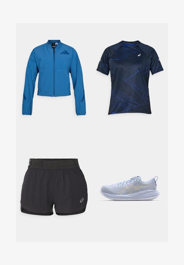 Blauwe korte jas met ritssluiting aan de voorkant, opstaande kraag en elastische manchetten. Heeft twee horizontale zakken en een logo-accent op de borst.; Korte mouw sportshirt in zwart met een blauw geometrisch patroon. Gemaakt van ademend materiaal, met een ronde hals en platte naden.; Zwarte hardloopshorts met een gaasband, met een zachte textuur, een korte lengte en een klein logo aan de onderzijde rechts.; Lichtblauwe sport schoenen met een gestructureerde bovenkant, witte zool en gouden accentstrepen. Kenmerken zijn onder andere veters en een trekhaak aan de achterkant.