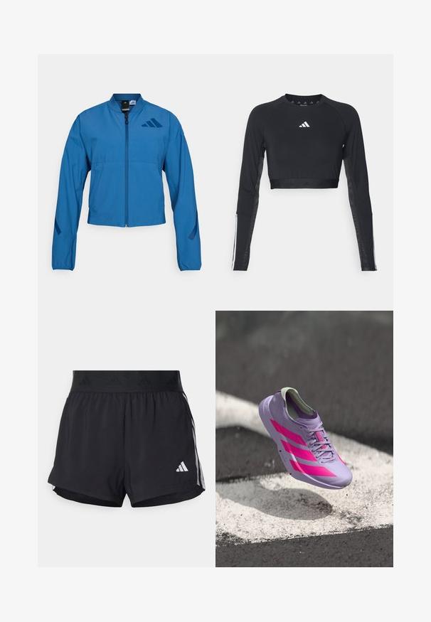 Veste courte bleue avec fermeture éclair à l'avant, col montant et poignets élastiqués. Comprend deux poches horizontales et un logo sur la poitrine.; Haut d'entraînement noir à manches longues et coupé, en tissu lisse. Présente un logo blanc sur la poitrine et des accents rayés sur les manches.; Shorts de sport noirs avec une taille élastique, dotés d'une bande texturée, de rayures sur les côtés, et d'un logo Adidas blanc sur l'ourlet inférieur.; Chaussure de course violet clair avec des rayures et des accents roses, dotée d'un design élégant, d'une tige texturée et d'un col rembourré. Flottant au-dessus d'une surface.