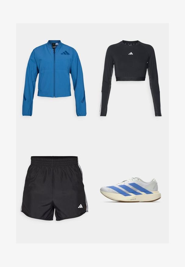 Blaue kurze Jacke mit durchgehendem Reißverschluss, Stehkragen und elastischen Bündchen. Verfügt über zwei horizontale Taschen und ein Logoakzent auf der Brust.; Schwarzes, verkürztes Langarm-Workout-Oberteil aus glattem Material. Mit einem weißen Logo auf der Brust und gestreiften Akzenten an den Ärmeln.; Schwarze Sportshorts mit elastischem Bund, seitlichen Schlitzen und weißen drei Streifen Akzenten. Enthält ein kleines weißes Logo auf der unteren rechten Seite.; Weißer Laufschuh mit drei blauen Streifen, hellbeiger dicker Sohle mit der Aufschrift "Lightstrike Pro," und weißen Schnürsenkeln vor einfachem Hintergrund.