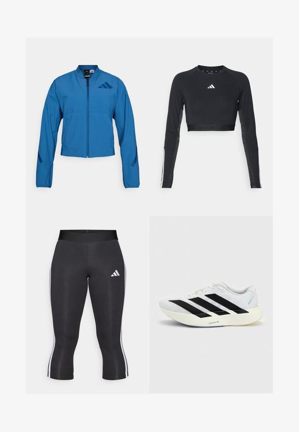 Veste courte bleue avec fermeture éclair à l'avant, col montant et poignets élastiqués. Comprend deux poches horizontales et un logo sur la poitrine.; Haut d'entraînement noir à manches longues et coupé, en tissu lisse. Présente un logo blanc sur la poitrine et des accents rayés sur les manches.; Leggings capri noirs avec une large taille, présentant des rayures blanches sur les côtés et un logo Adidas blanc sur la cuisse gauche. Texture lisse.; Chaussure de running blanche avec motif trois bandes noires sur le côté et semelle blanche épaisse étiquetée "Lightstrike Pro" sur fond uni.