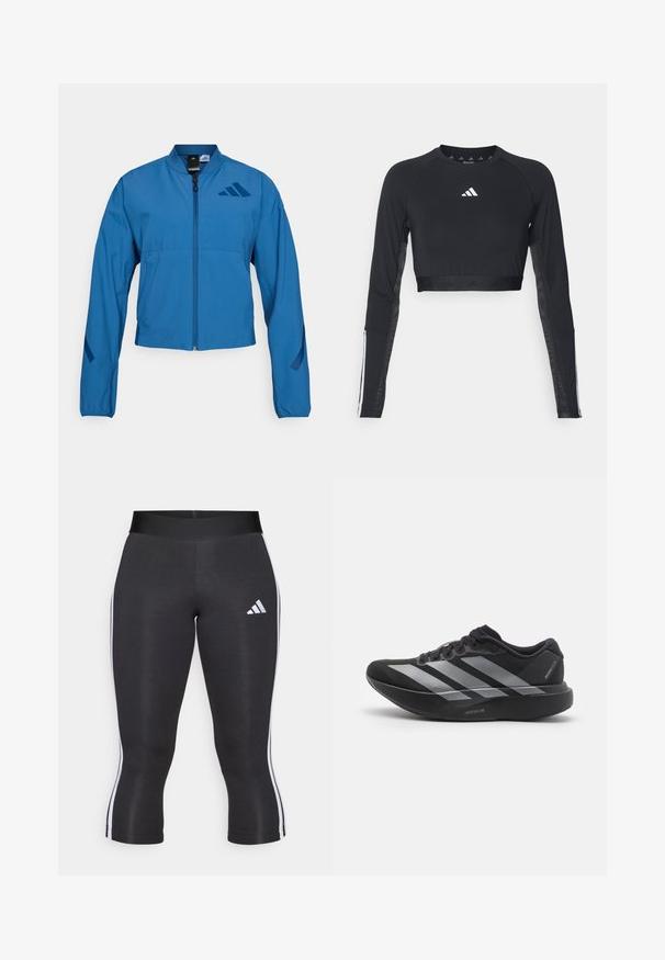 Veste courte bleue avec fermeture éclair à l'avant, col montant et poignets élastiqués. Comprend deux poches horizontales et un logo sur la poitrine.; Haut d'entraînement noir à manches longues et coupé, en tissu lisse. Présente un logo blanc sur la poitrine et des accents rayés sur les manches.; Leggings capri noirs avec une large taille, présentant des rayures blanches sur les côtés et un logo Adidas blanc sur la cuisse gauche. Texture lisse.; Chaussure de course noire avec des rayures argentées, semelle épaisse rembourrée étiquetée "Lightstrike Pro," vue de côté sur fond blanc.
